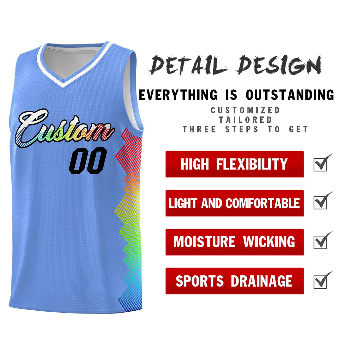 Custom Light Blue Denver Nuggets Rainbow Side Sports Uniform Basketball Jersey|KXKSHOP