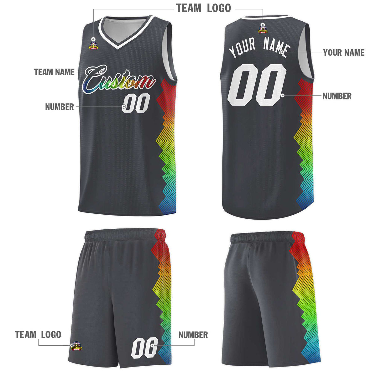 Custom Dark Gray Denver Nuggets Rainbow Side Sports Uniform Basketball Jersey|KXKSHOP