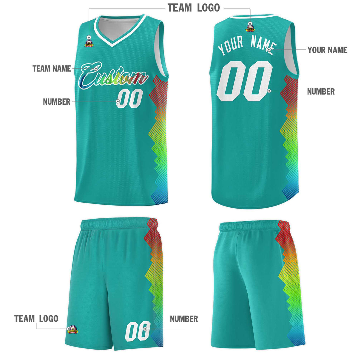 Custom Aqua Denver Nuggets Rainbow Side Sports Uniform Basketball Jersey|KXKSHOP