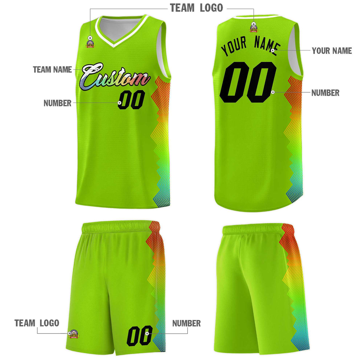 Custom Neon Green Denver Nuggets Rainbow Side Sports Uniform Basketball Jersey|KXKSHOP