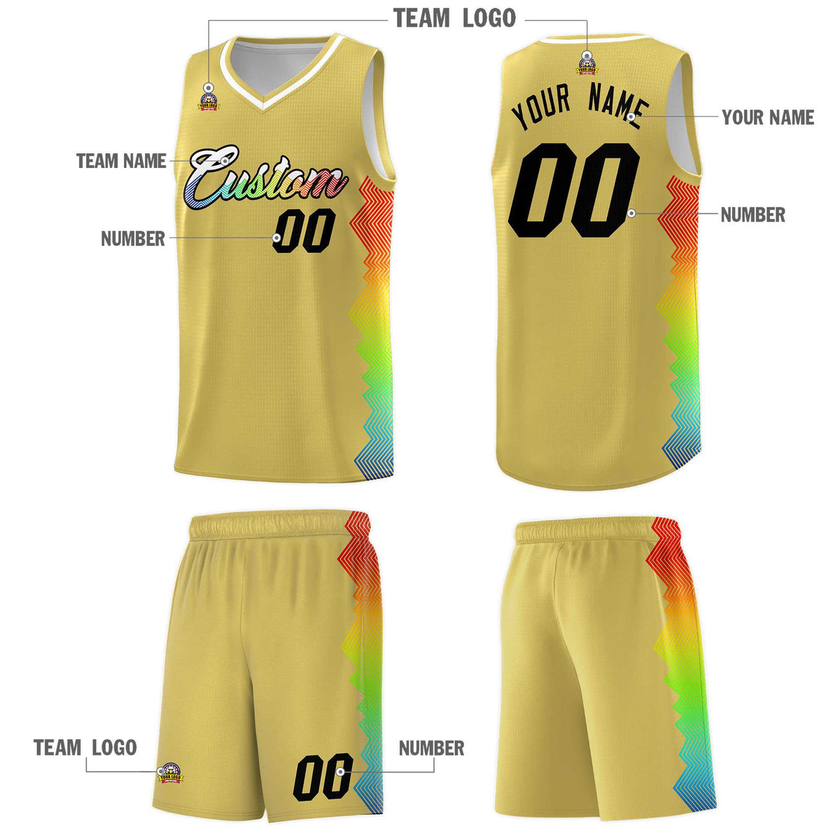 Custom Old Gold Denver Nuggets Rainbow Side Sports Uniform Basketball Jersey|KXKSHOP