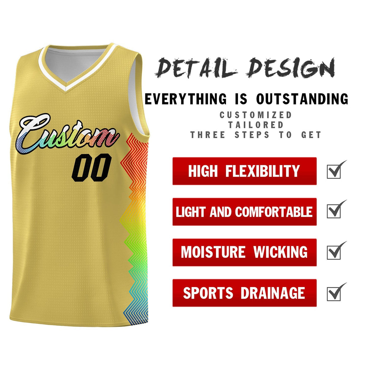 Custom Old Gold Denver Nuggets Rainbow Side Sports Uniform Basketball Jersey|KXKSHOP