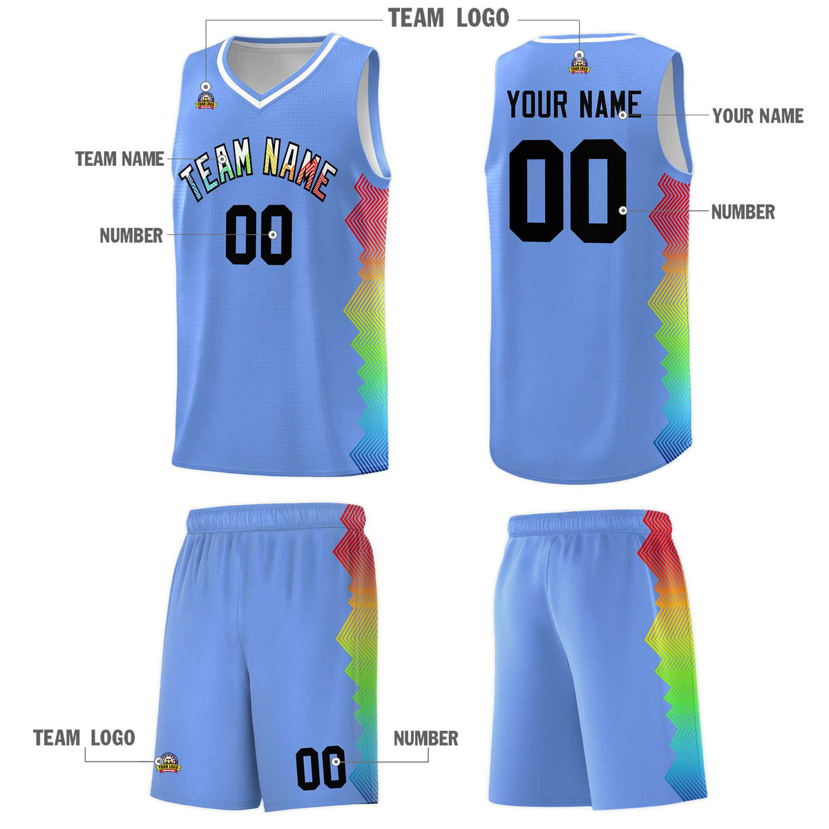 Custom Light Blue Denver Nuggets Rainbow Side Sports Uniform Basketball Jersey|KXKSHOP