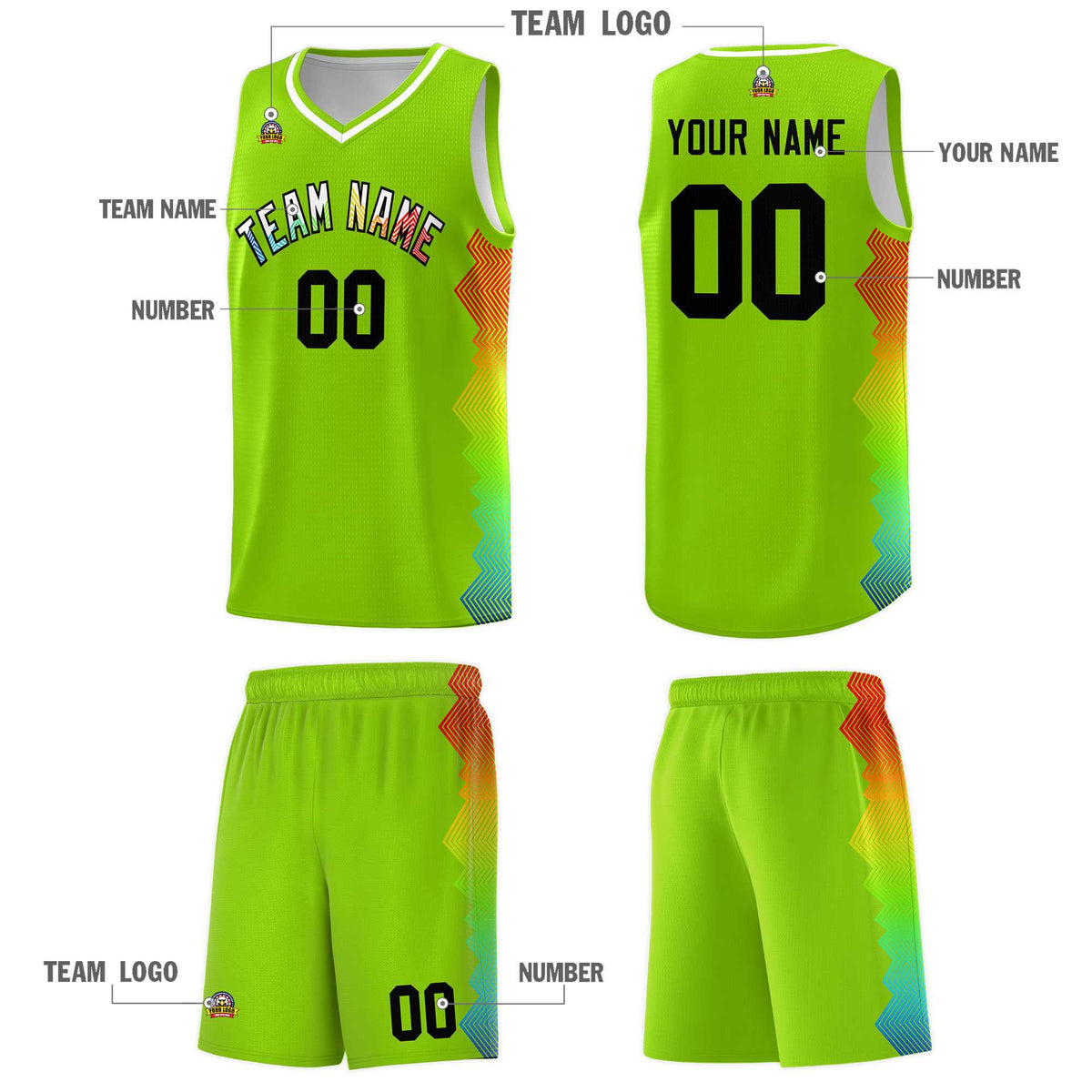 Custom Neon Green Denver Nuggets Rainbow Side Sports Uniform Basketball Jersey|KXKSHOP