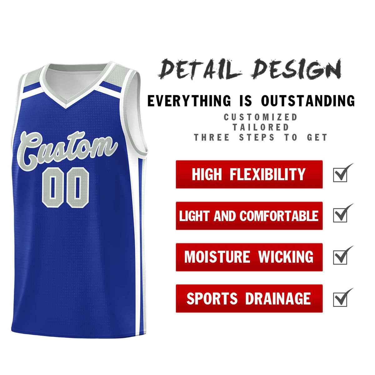 Custom Royal Blue White Gray Trendy Color Charge Series Sports Uniform Basketball Jersey| KXKSHOP