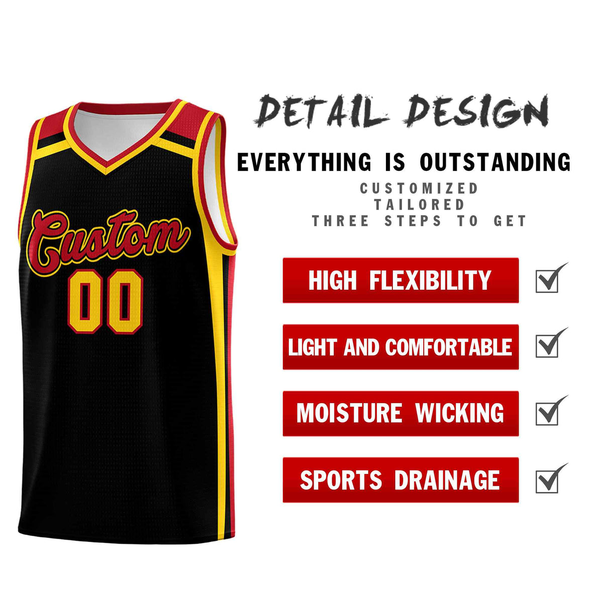 Custom Black Gold Red Trendy Color Charge Series Sports Uniform Basketball Jersey