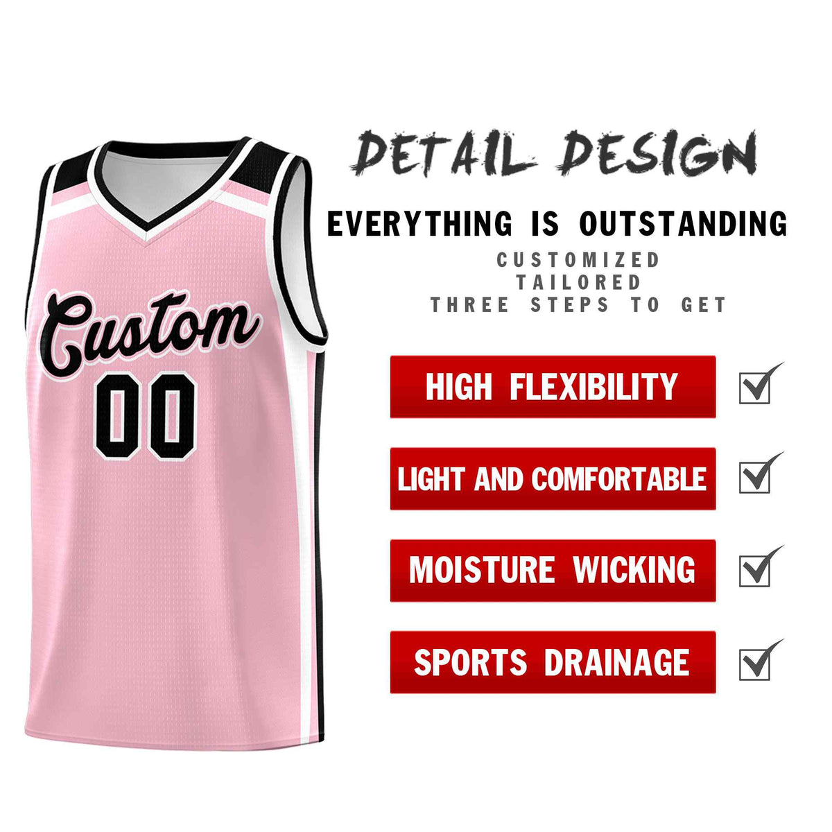 Custom Light Pink White Black Trendy Color Charge Series Sports Uniform Basketball Jersey
