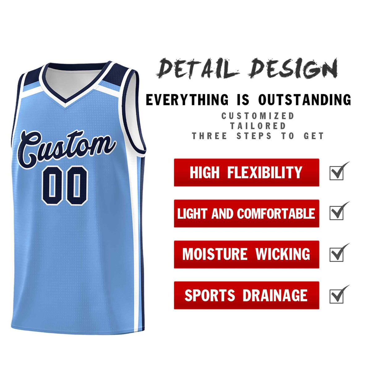 Custom Light Blue Navy White Trendy Color Charge Series Sports Uniform Basketball Jersey