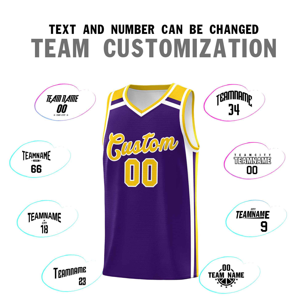 Custom Purple Gold White Trendy Color Charge Series Sports Uniform Basketball Jersey