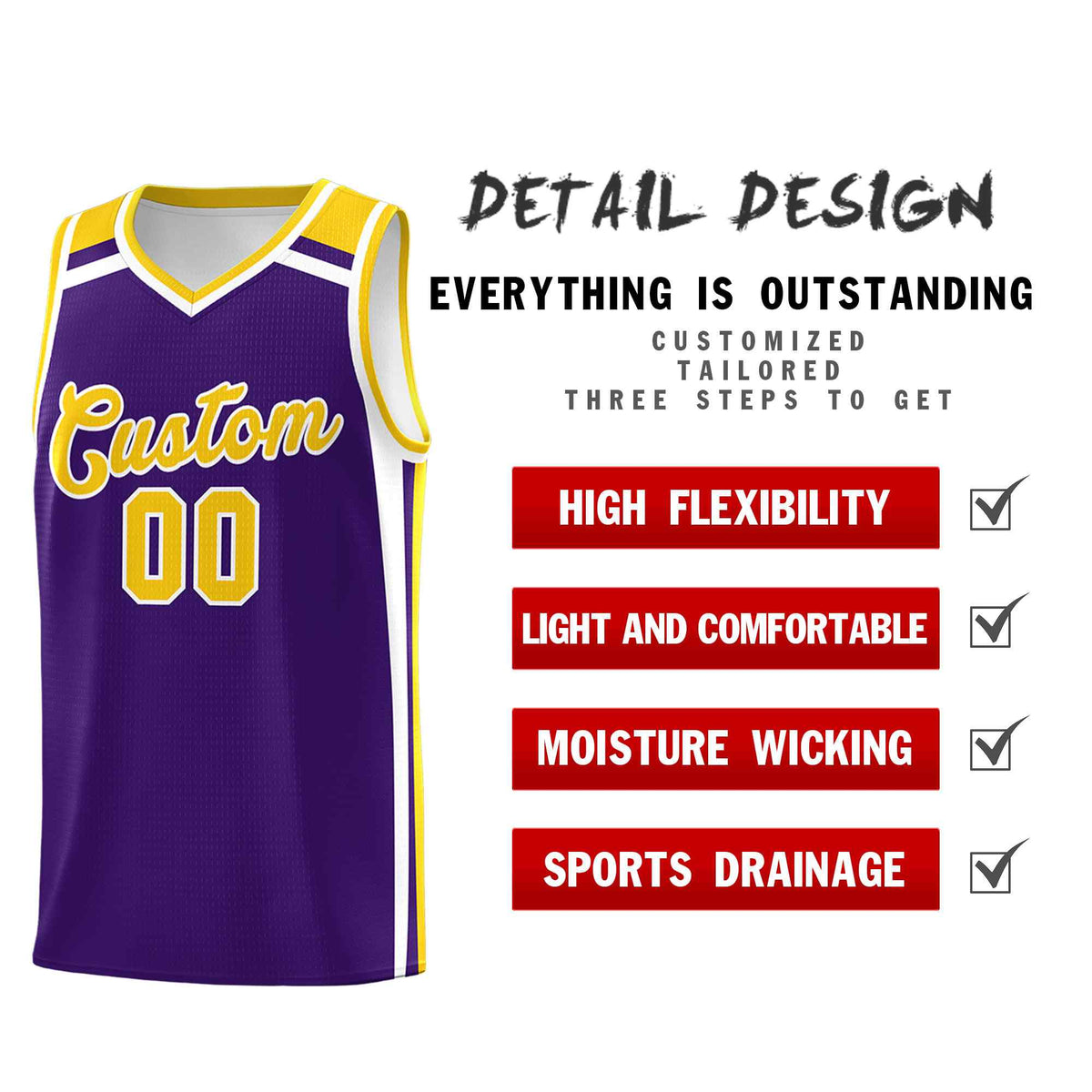 Custom Purple Gold White Trendy Color Charge Series Sports Uniform Basketball Jersey
