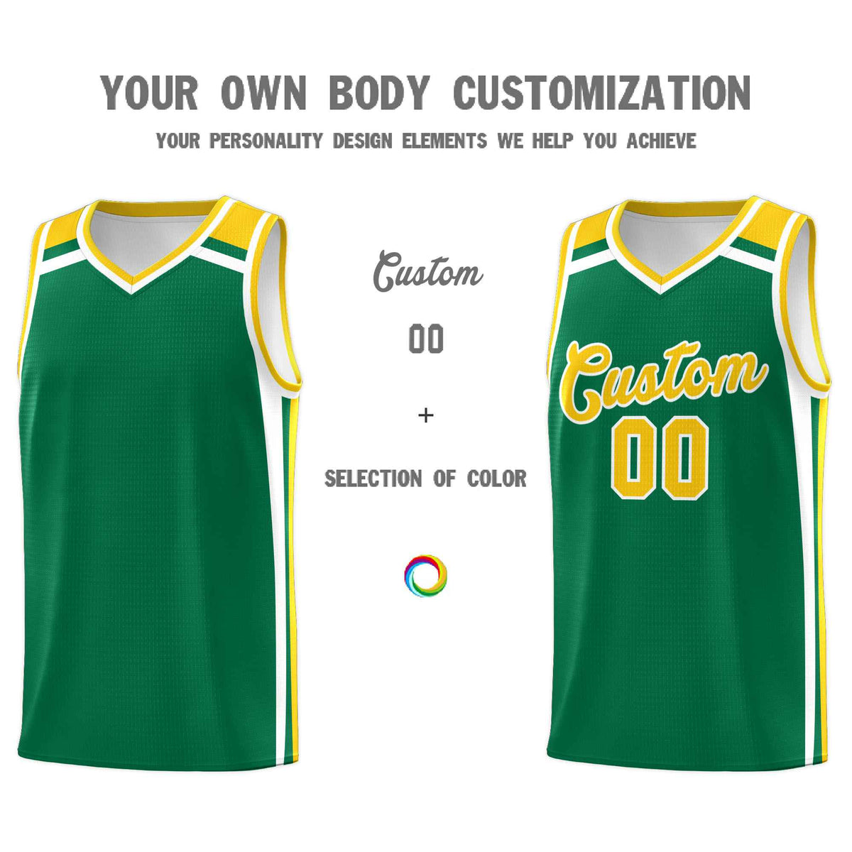 Custom Kelly Green Gold White Trendy Color Charge Series Sports Uniform Basketball Jersey
