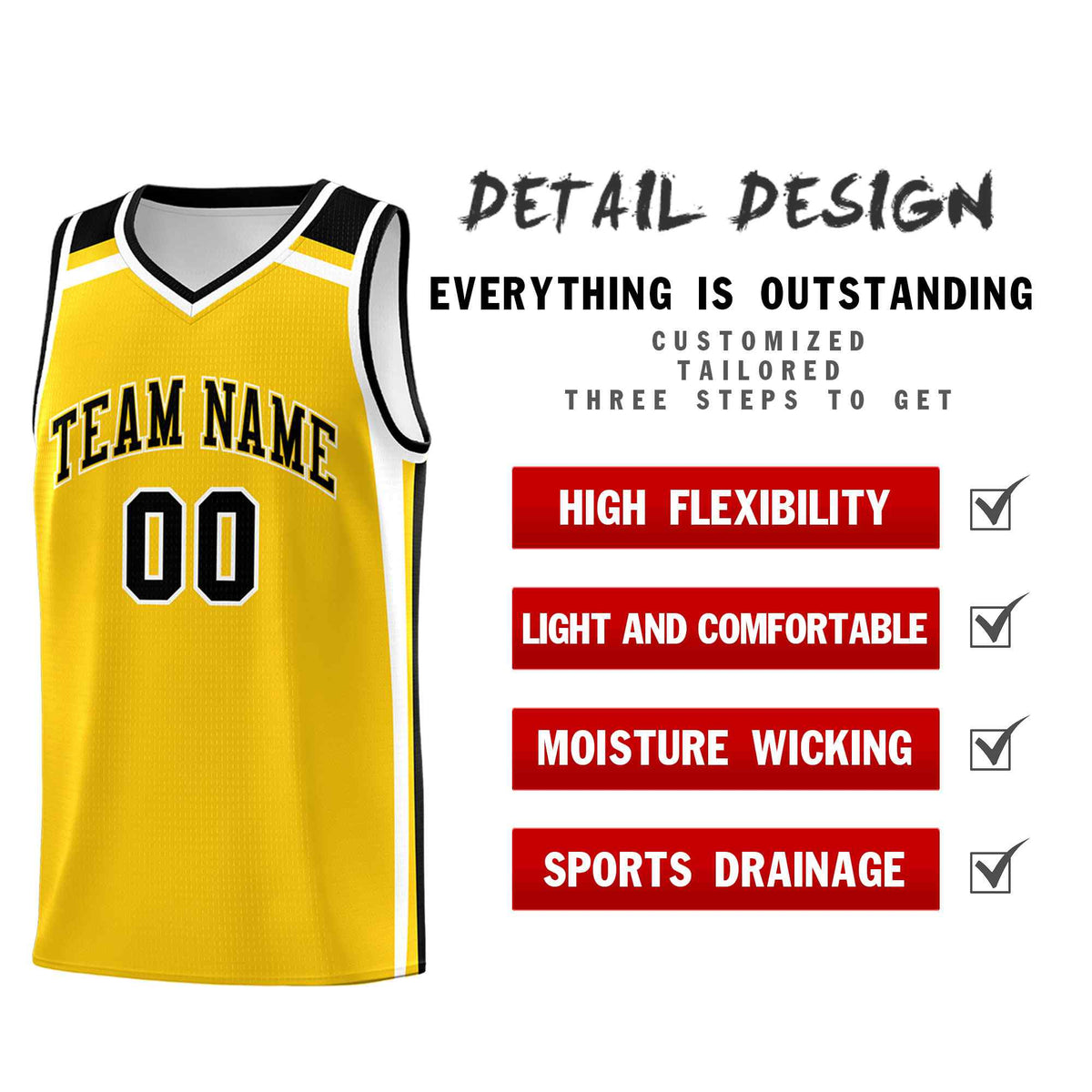 Custom Gold Black White Trendy Color Charge Series Sports Uniform Basketball Jersey