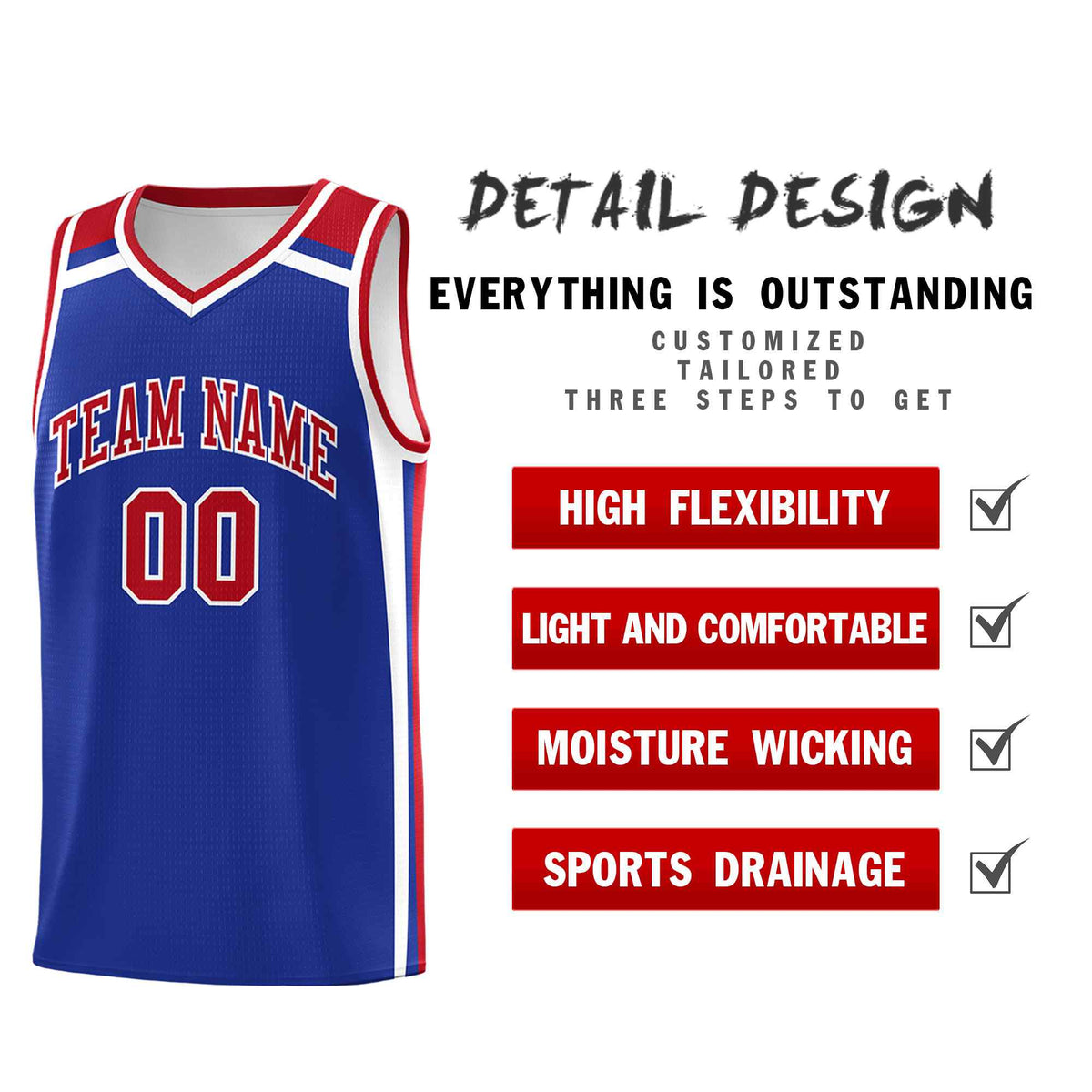 Custom Royal Blue Red White Trendy Color Charge Series Sports Uniform Basketball Jersey