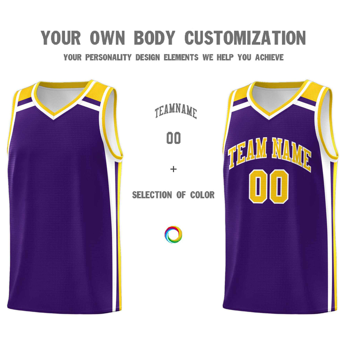 Custom Purple Gold White Trendy Color Charge Series Sports Uniform Basketball Jersey