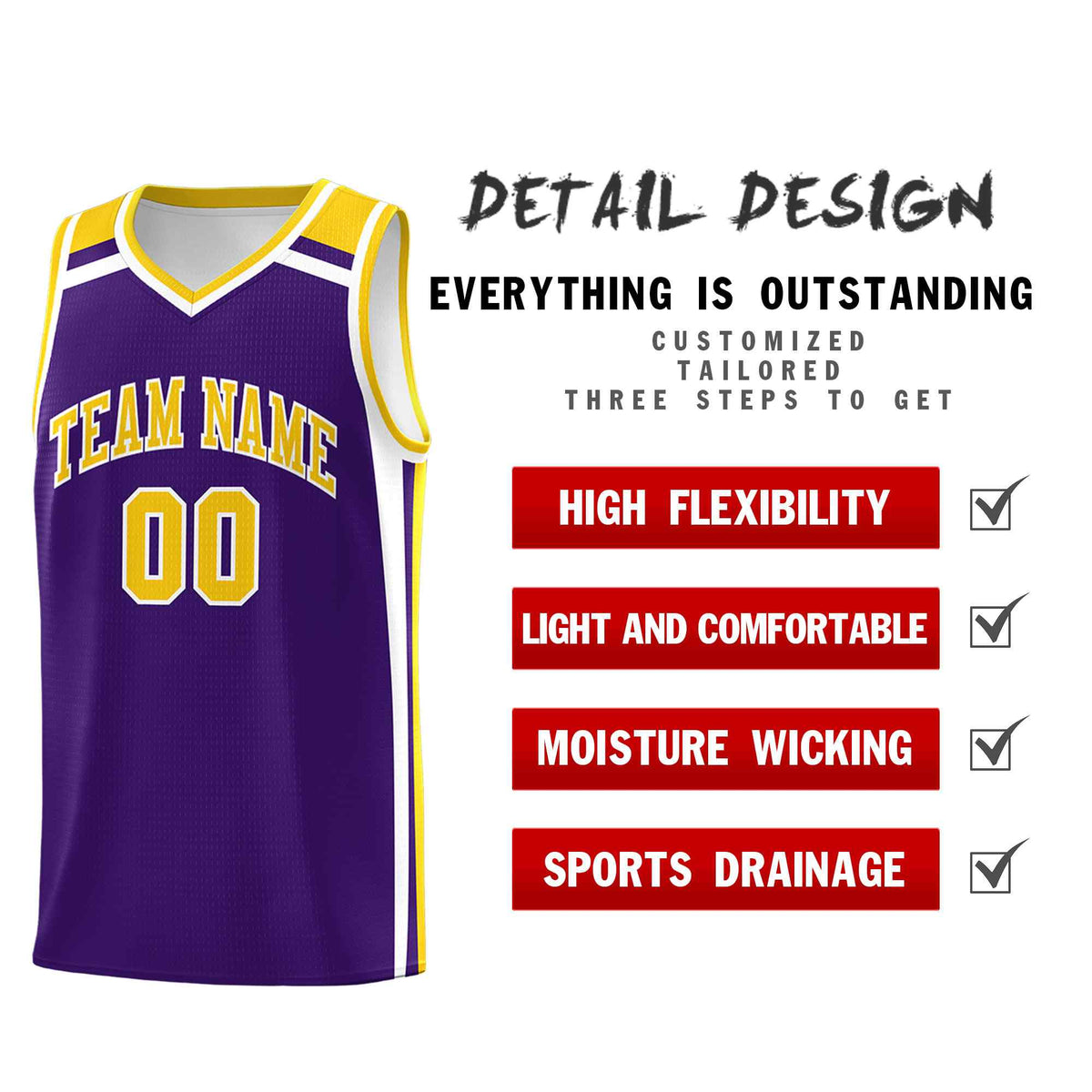 Custom Purple Gold White Trendy Color Charge Series Sports Uniform Basketball Jersey
