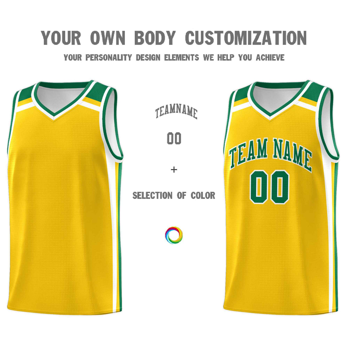 Custom Gold Kelly Green White Trendy Color Charge Series Sports Uniform Basketball Jersey