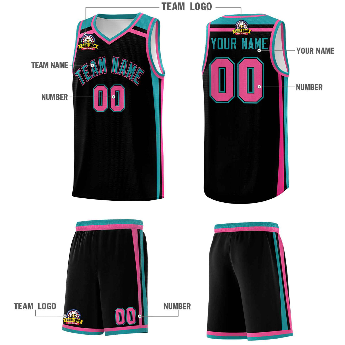 Custom Black Aqua Pink Trendy Color Charge Series Sports Uniform Basketball Jersey