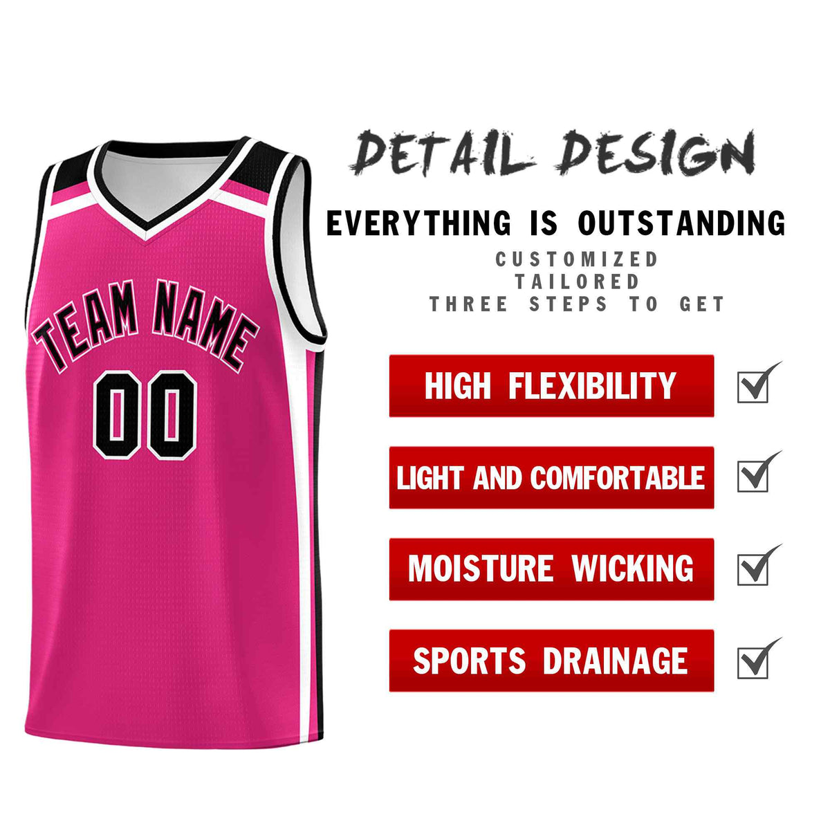 Custom Rose Red Black White Trendy Color Charge Series Sports Uniform Basketball Jersey