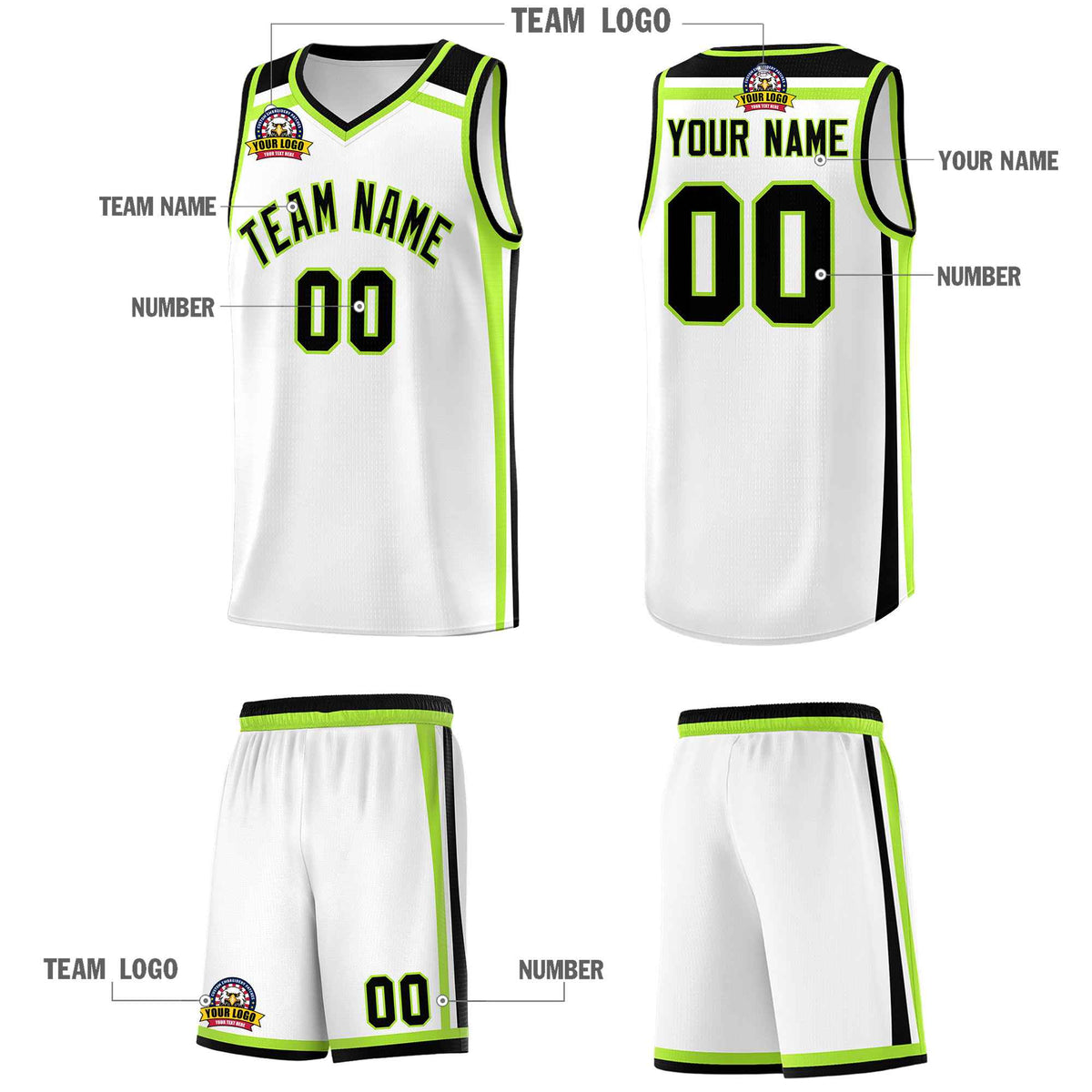 Custom White Black Neon Green Trendy Color Charge Series Sports Uniform Basketball Jersey