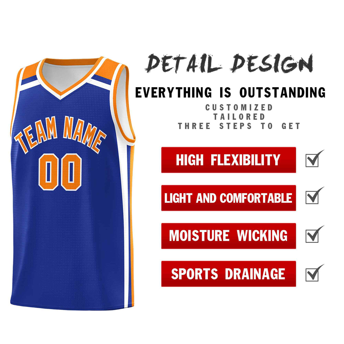 Custom Royal Blue White Orange Trendy Color Charge Series Sports Uniform Basketball Jersey