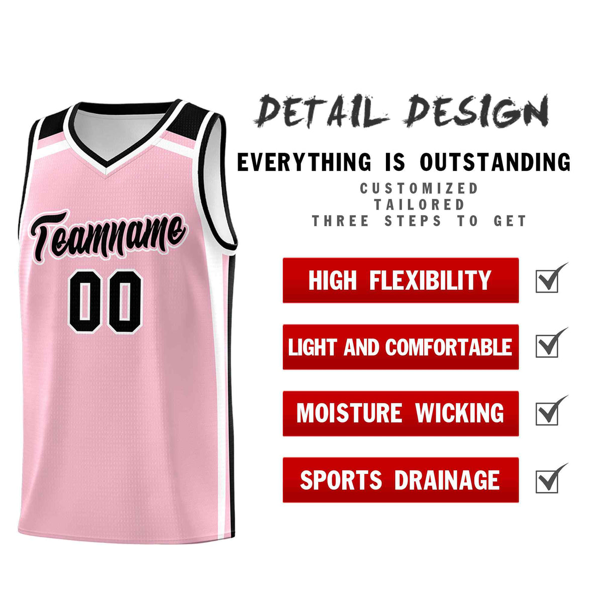 Custom Light Pink White Black Trendy Color Charge Series Sports Uniform Basketball Jersey