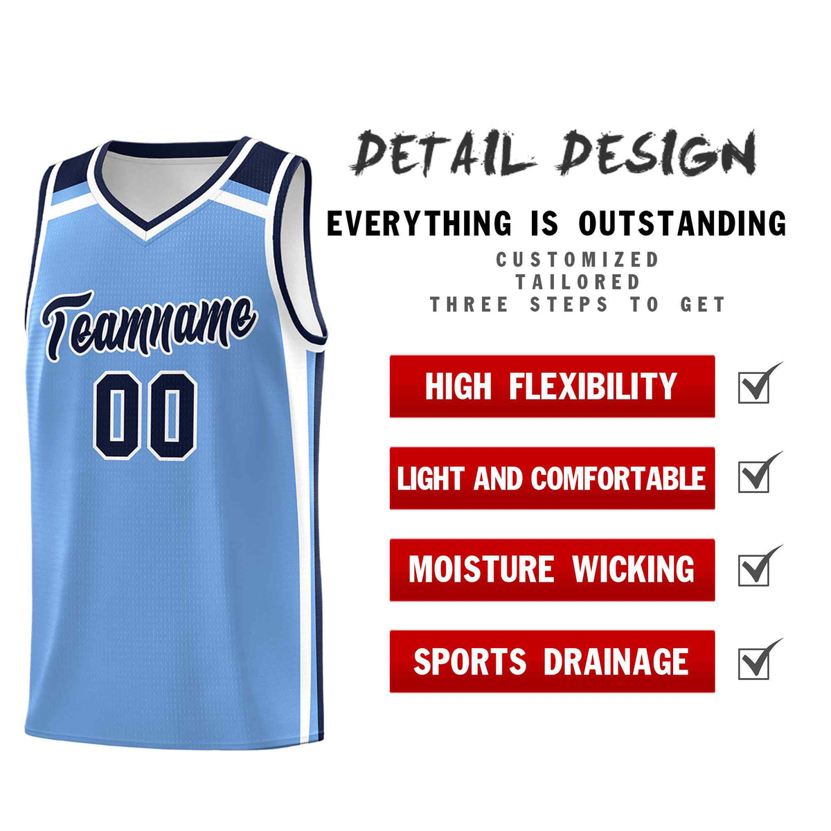 Custom Light Blue Navy White Trendy Color Charge Series Sports Uniform Basketball Jersey