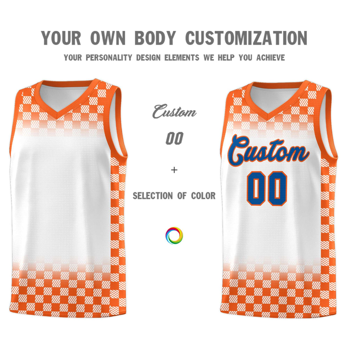 Custom White Orange Classic Plaid Pattern Sports Uniform Basketball Jersey