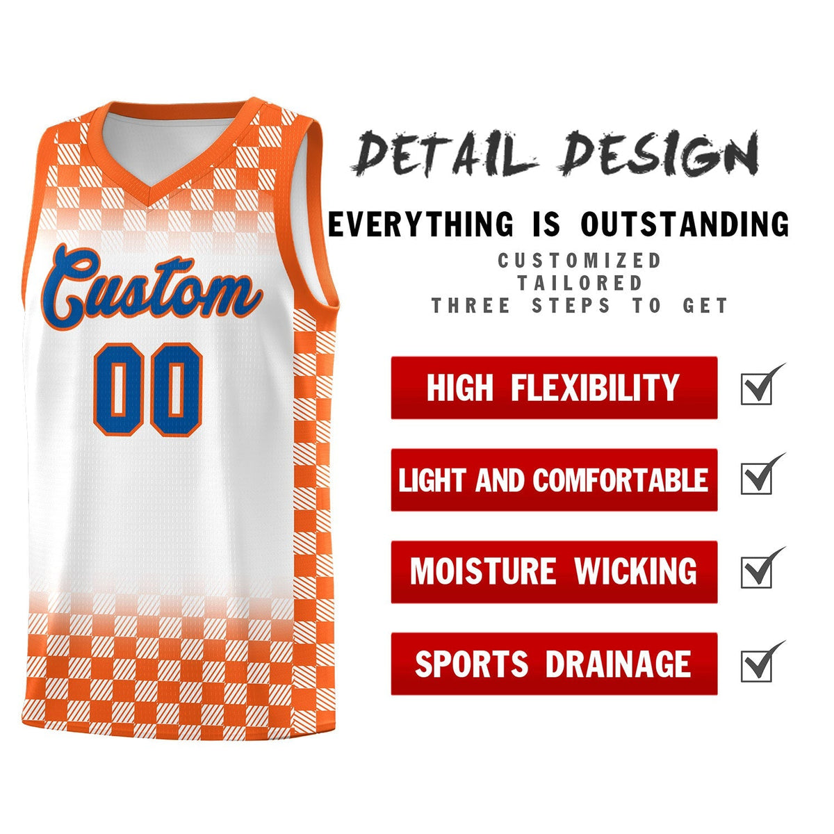 Custom White Orange Classic Plaid Pattern Sports Uniform Basketball Jersey