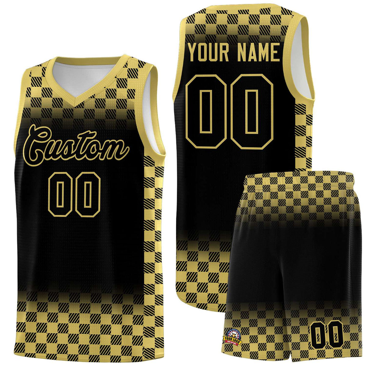 Custom Black Old Gold Classic Plaid Pattern Sports Uniform Basketball Jersey
