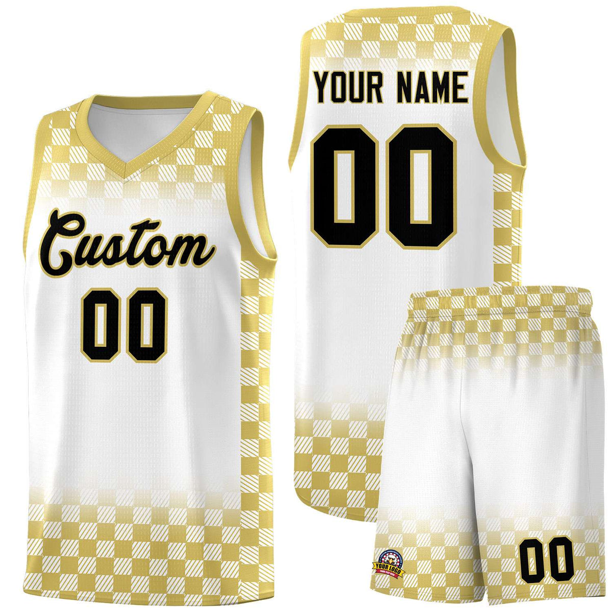 Custom White Old Gold Classic Plaid Pattern Sports Uniform Basketball Jersey