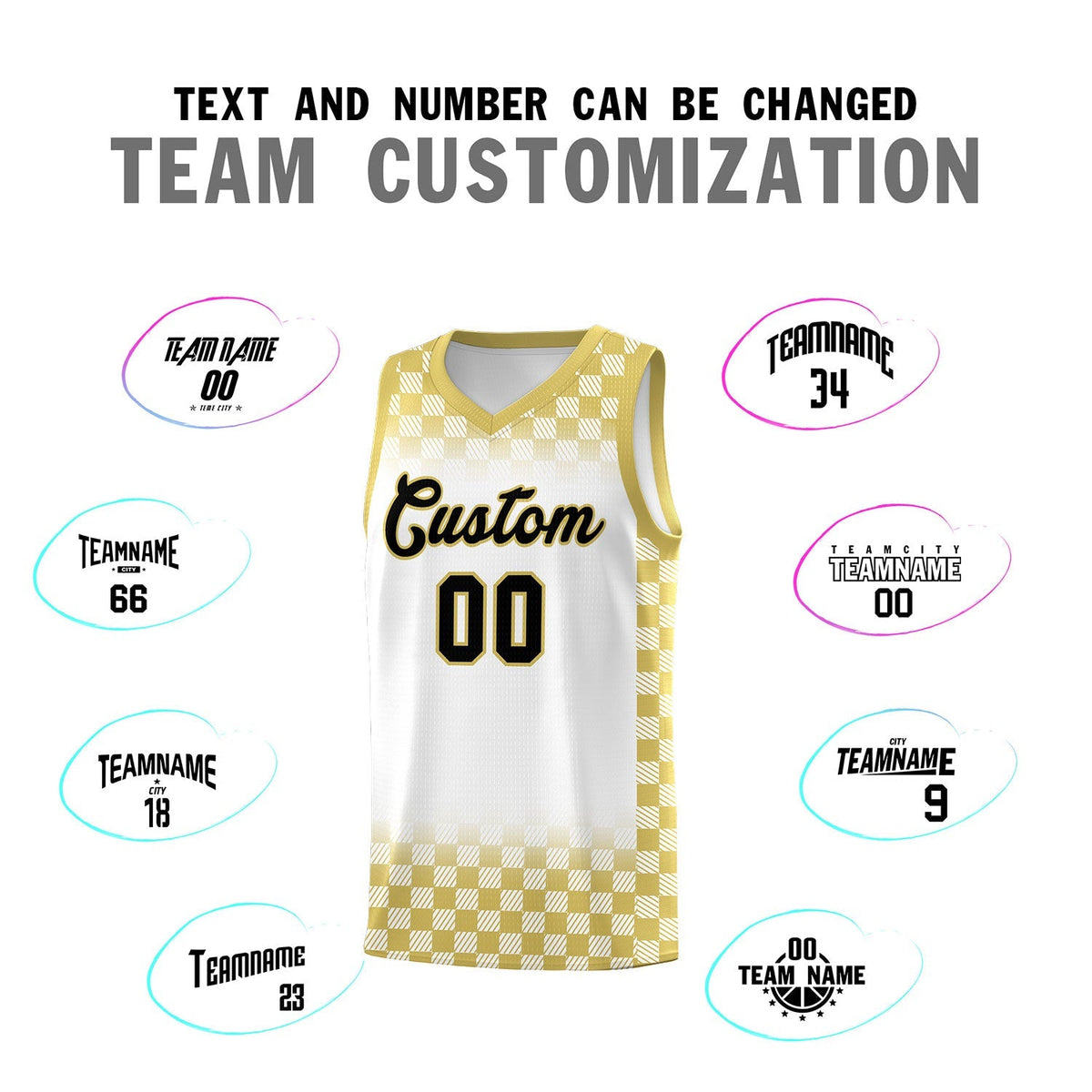 Custom White Old Gold Classic Plaid Pattern Sports Uniform Basketball Jersey