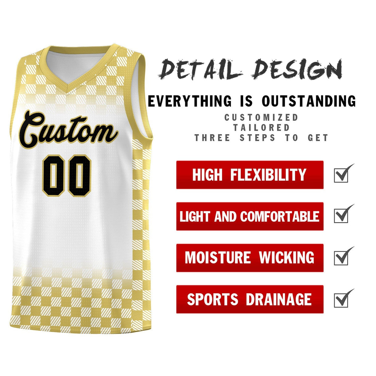 Custom White Old Gold Classic Plaid Pattern Sports Uniform Basketball Jersey