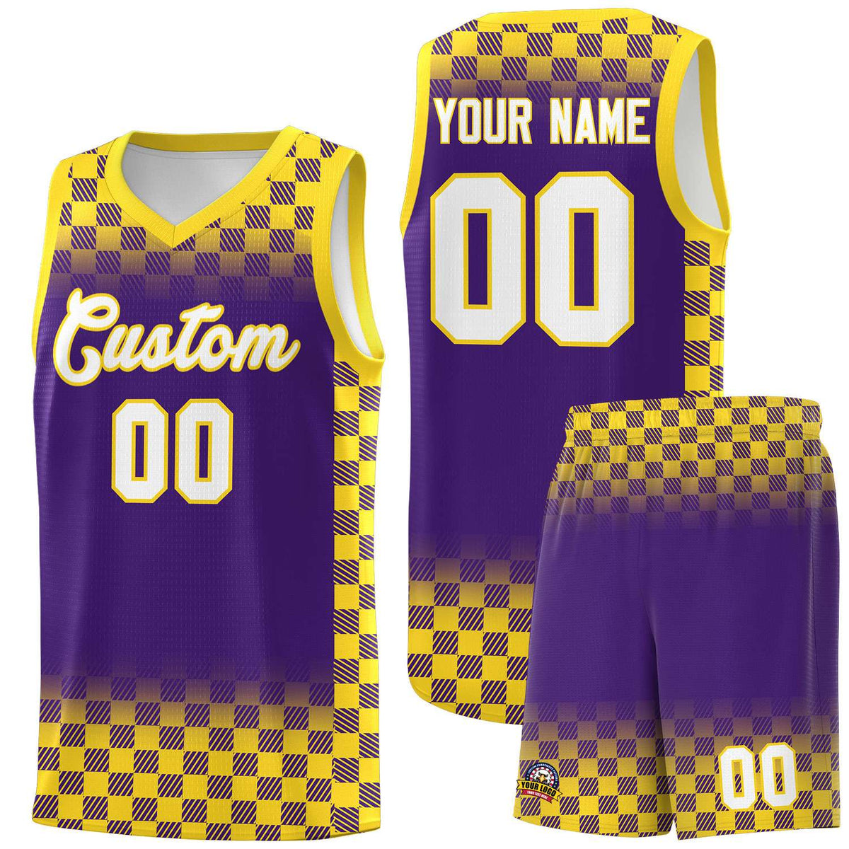 Custom Purple Gold Classic Plaid Pattern Sports Uniform Basketball Jersey