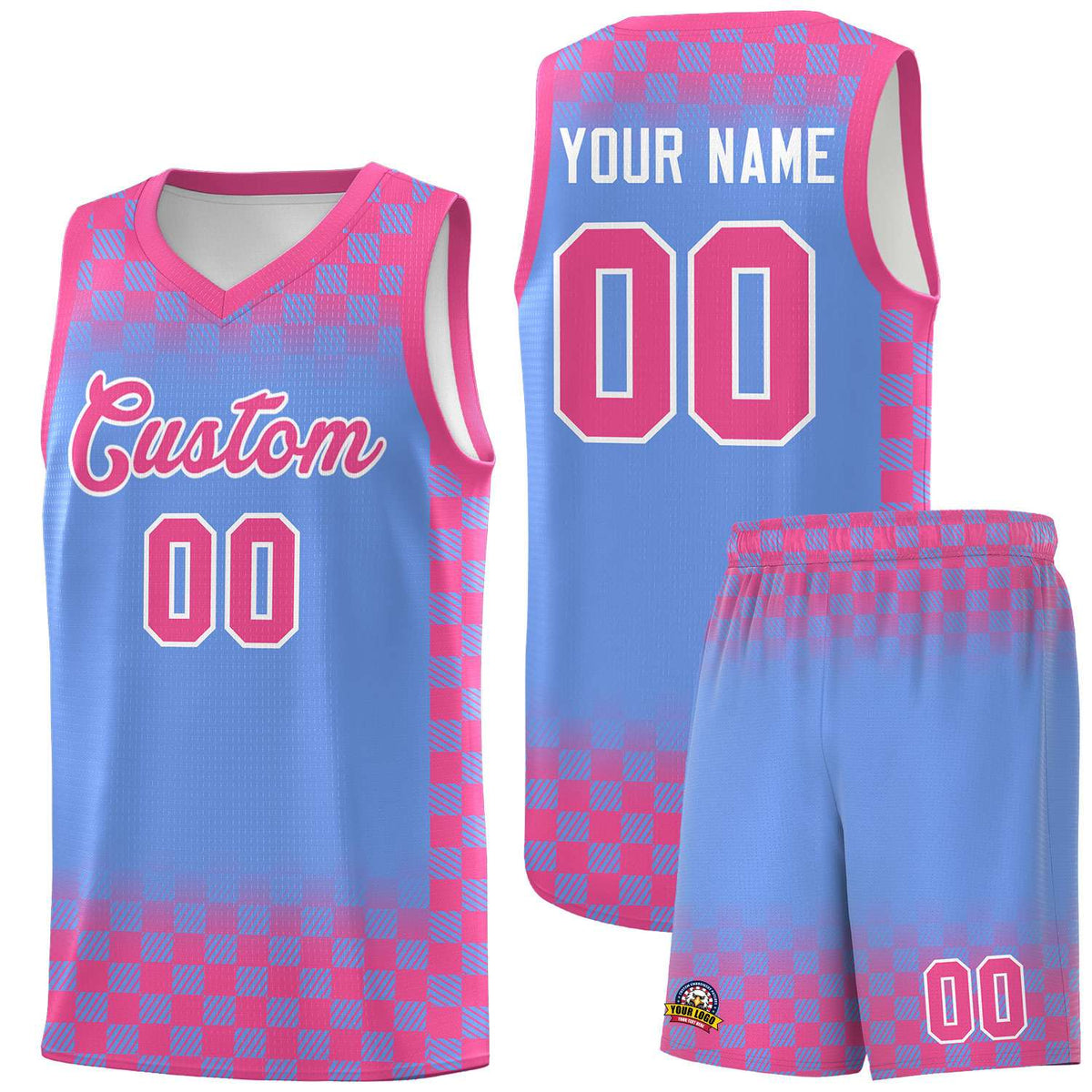 Custom Light Blue Pink Classic Plaid Pattern Sports Uniform Basketball Jersey