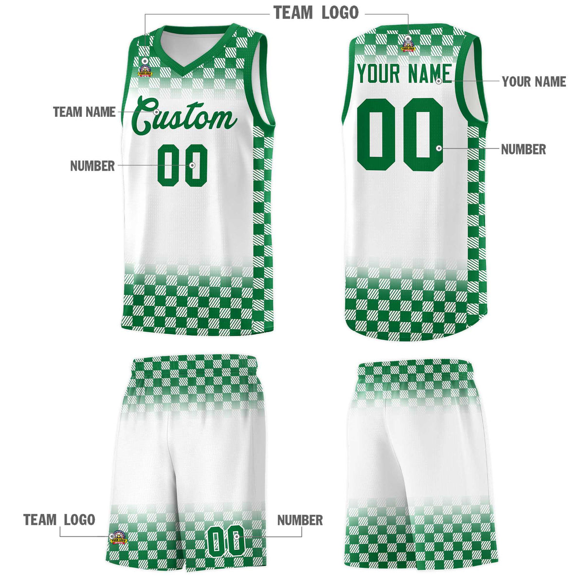 Custom White Kelly Green Classic Plaid Pattern Sports Uniform Basketball Jersey