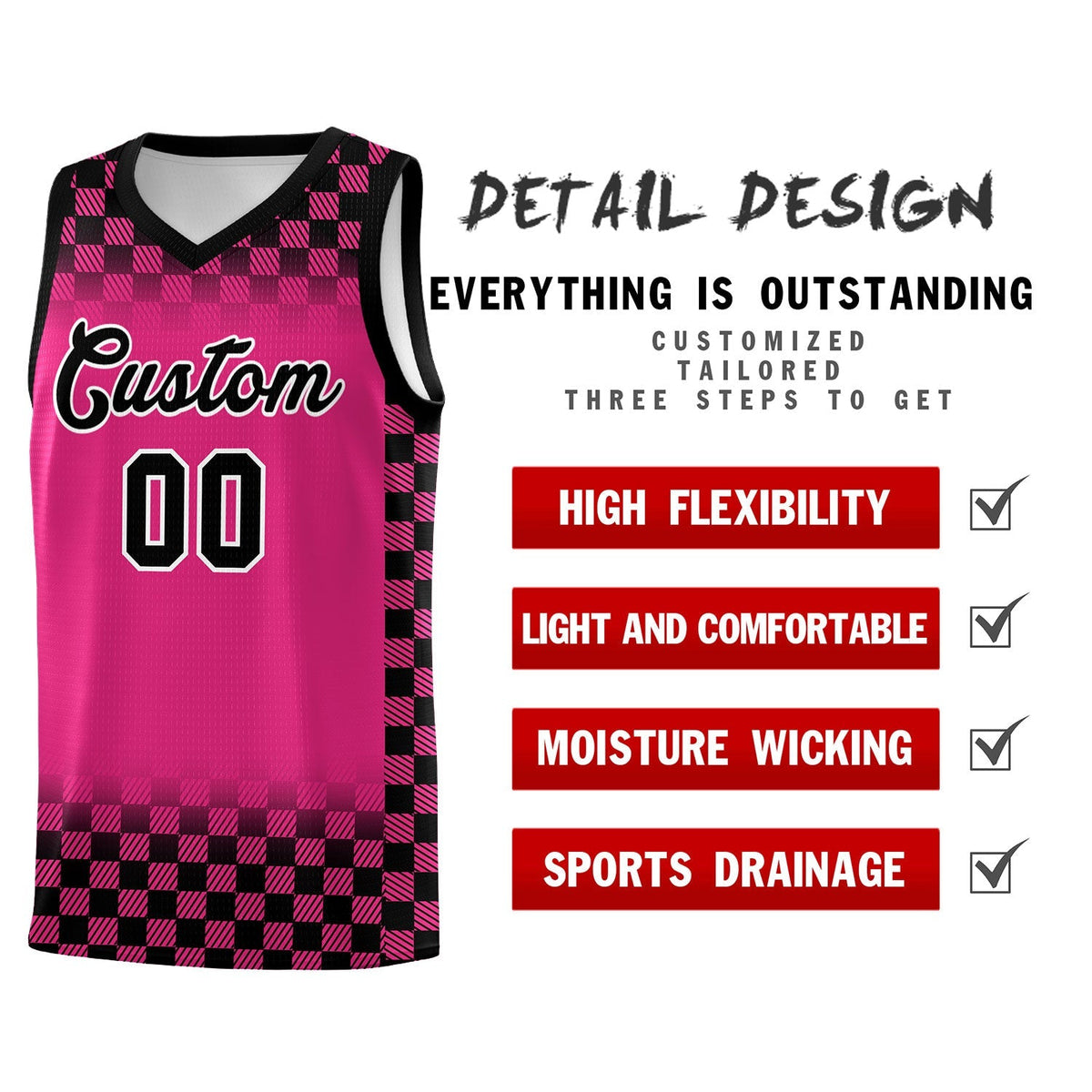 Custom Pink Black Classic Plaid Pattern Sports Uniform Basketball Jersey