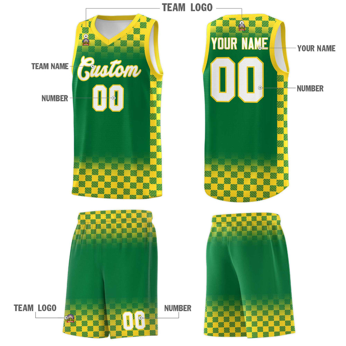 Custom Kelly Green Gold Classic Plaid Pattern Sports Uniform Basketball Jersey