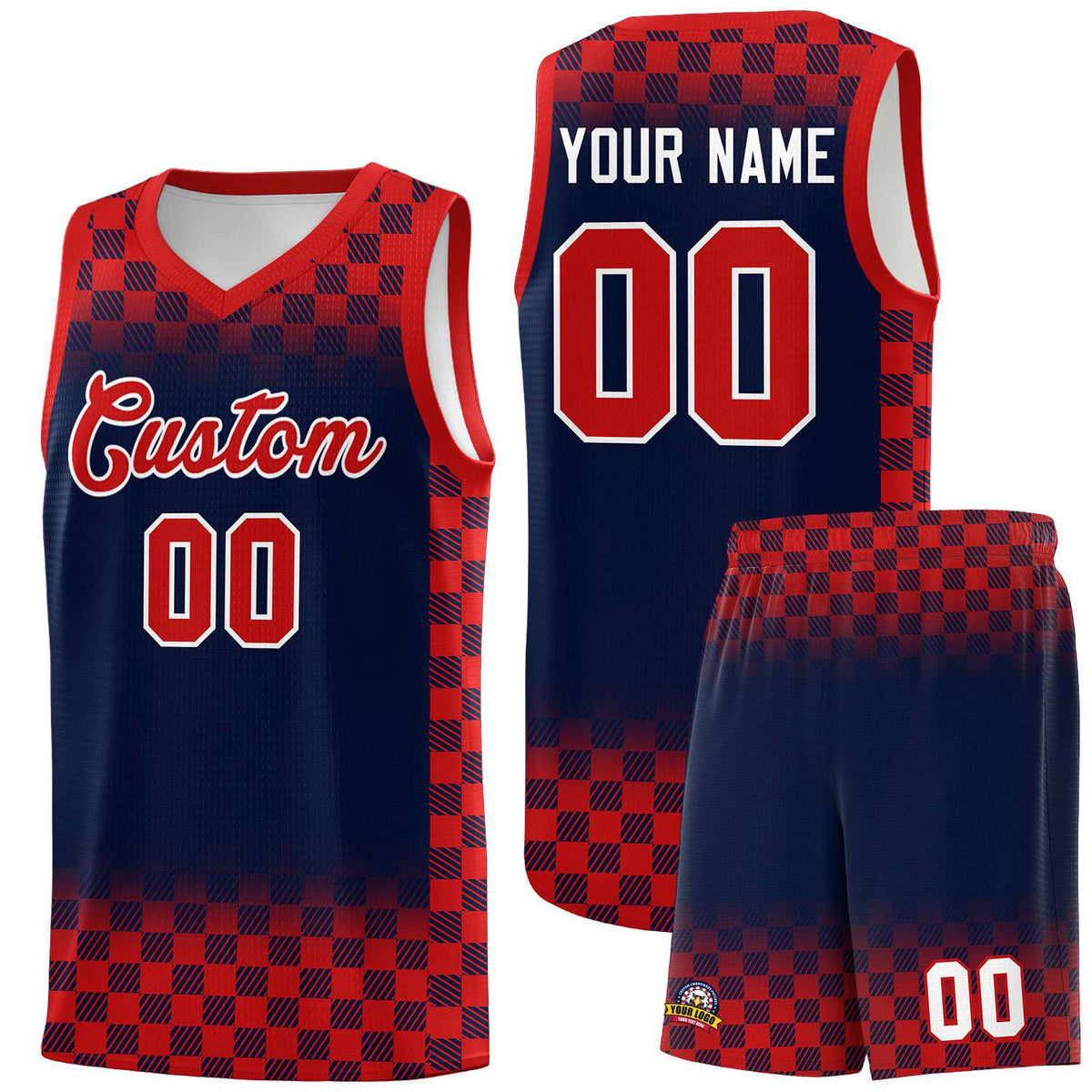 Custom Navy Red Classic Plaid Pattern Sports Uniform Basketball Jersey