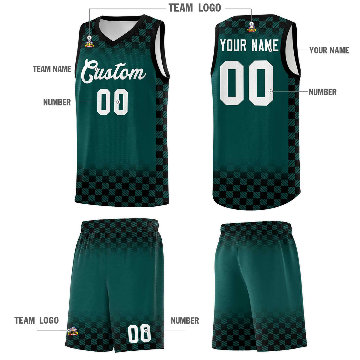 Custom Midnight Green Black Classic Plaid Pattern Sports Uniform Basketball Jersey