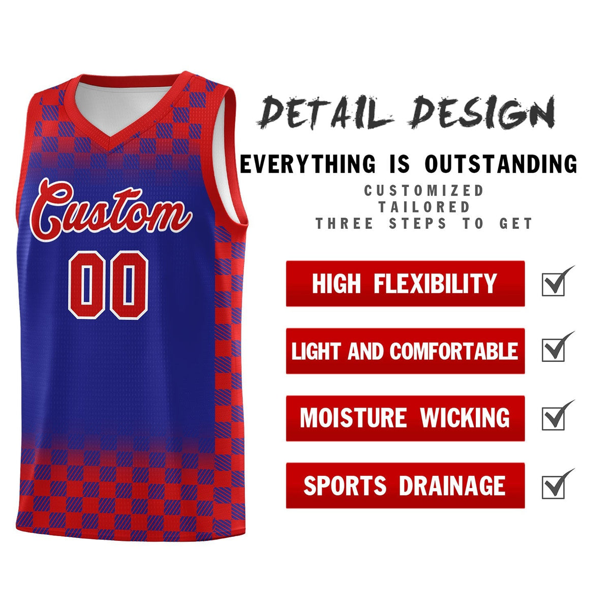 Custom Royal Red Classic Plaid Pattern Sports Uniform Basketball Jersey