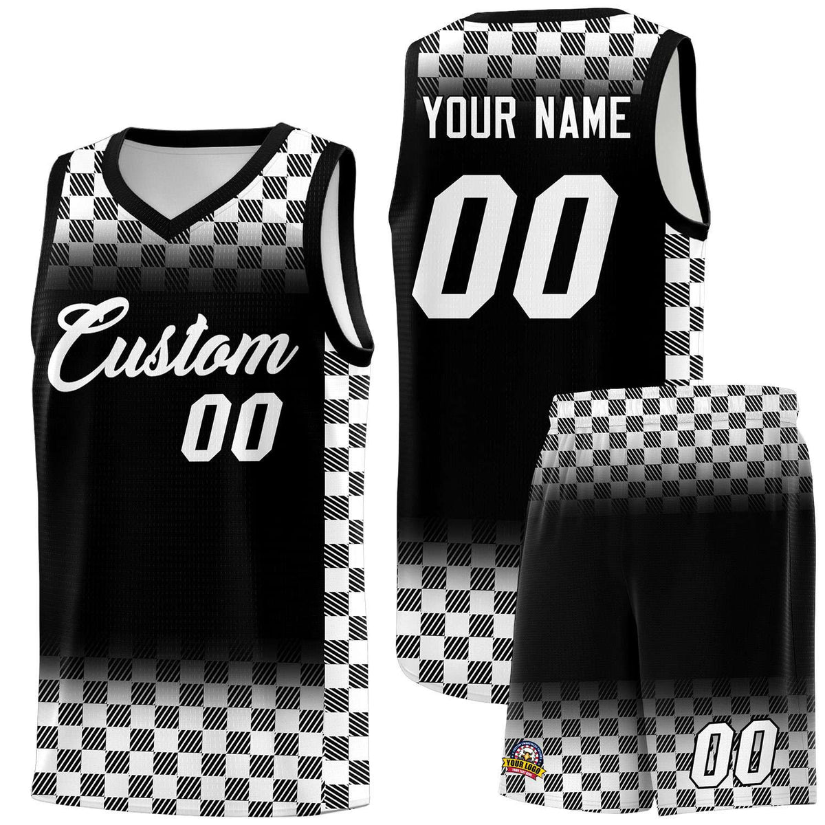 Custom Black White Classic Plaid Pattern Sports Uniform Basketball Jersey