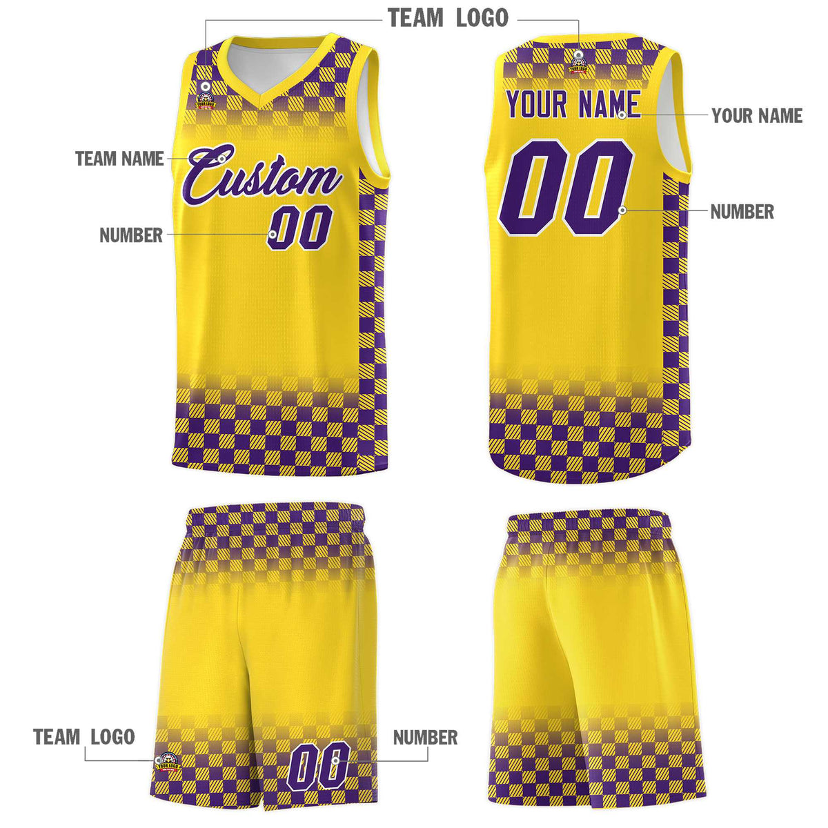 Custom Gold Purple Classic Plaid Pattern Sports Uniform Basketball Jersey