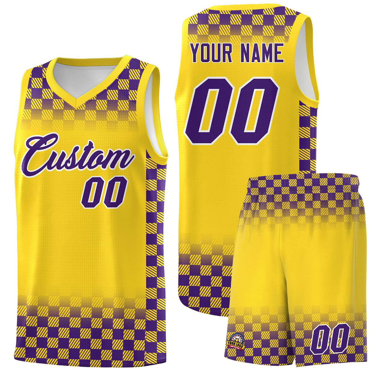 Custom Gold Purple Classic Plaid Pattern Sports Uniform Basketball Jersey