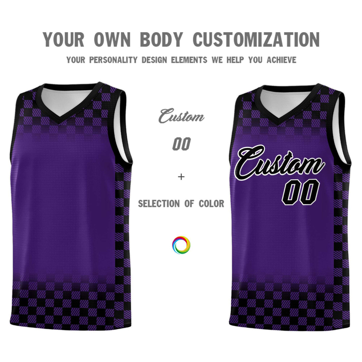 Custom Purple Black Classic Plaid Pattern Sports Uniform Basketball Jersey