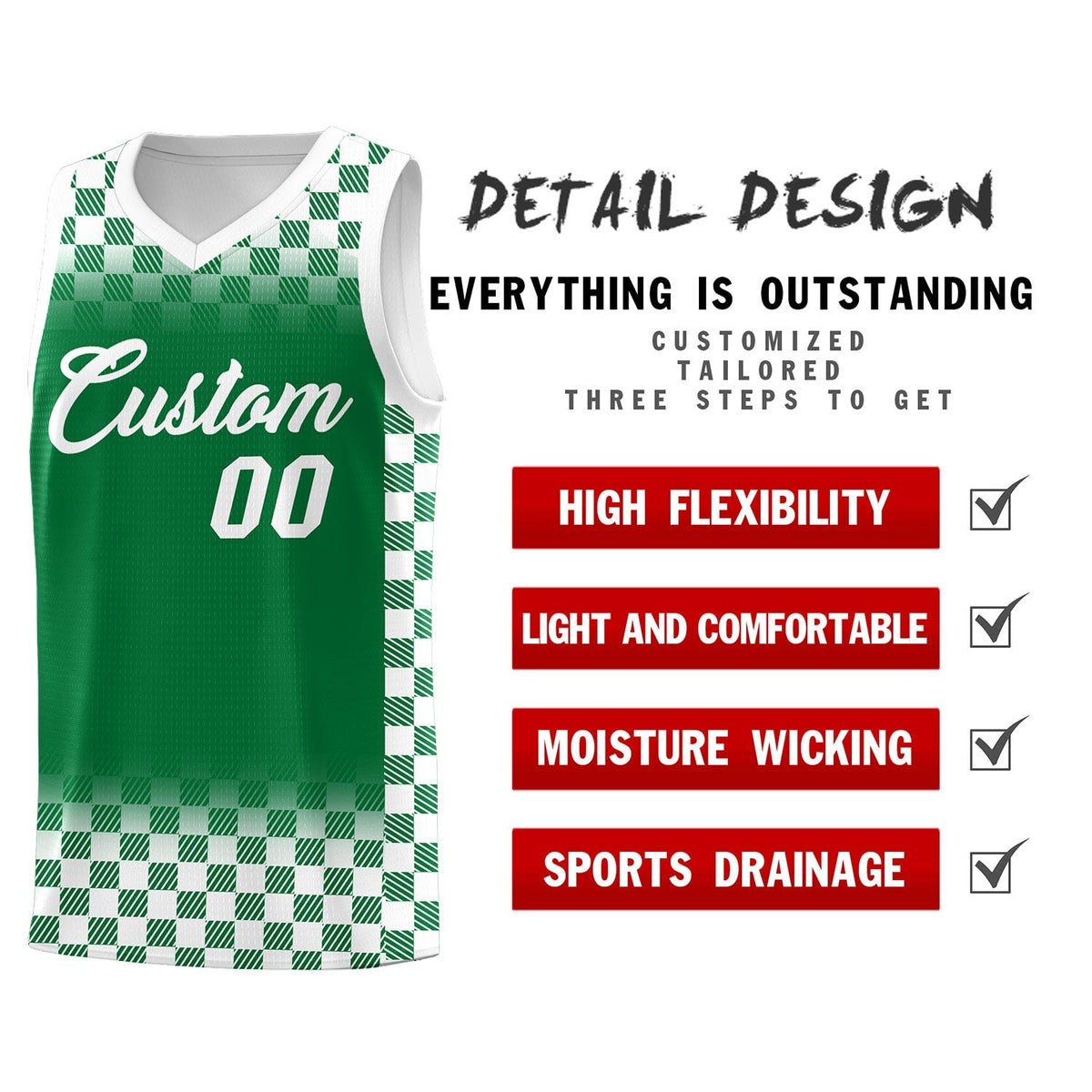 Custom Kelly Green White Classic Plaid Pattern Sports Uniform Basketball Jersey