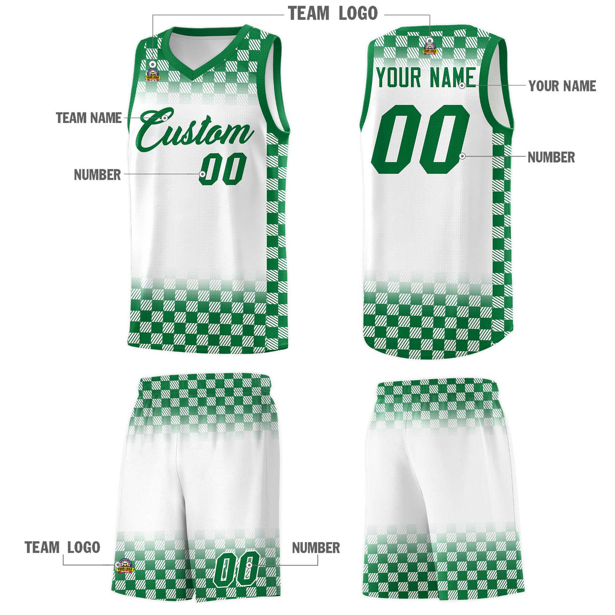 Custom White Kelly Green Classic Plaid Pattern Sports Uniform Basketball Jersey