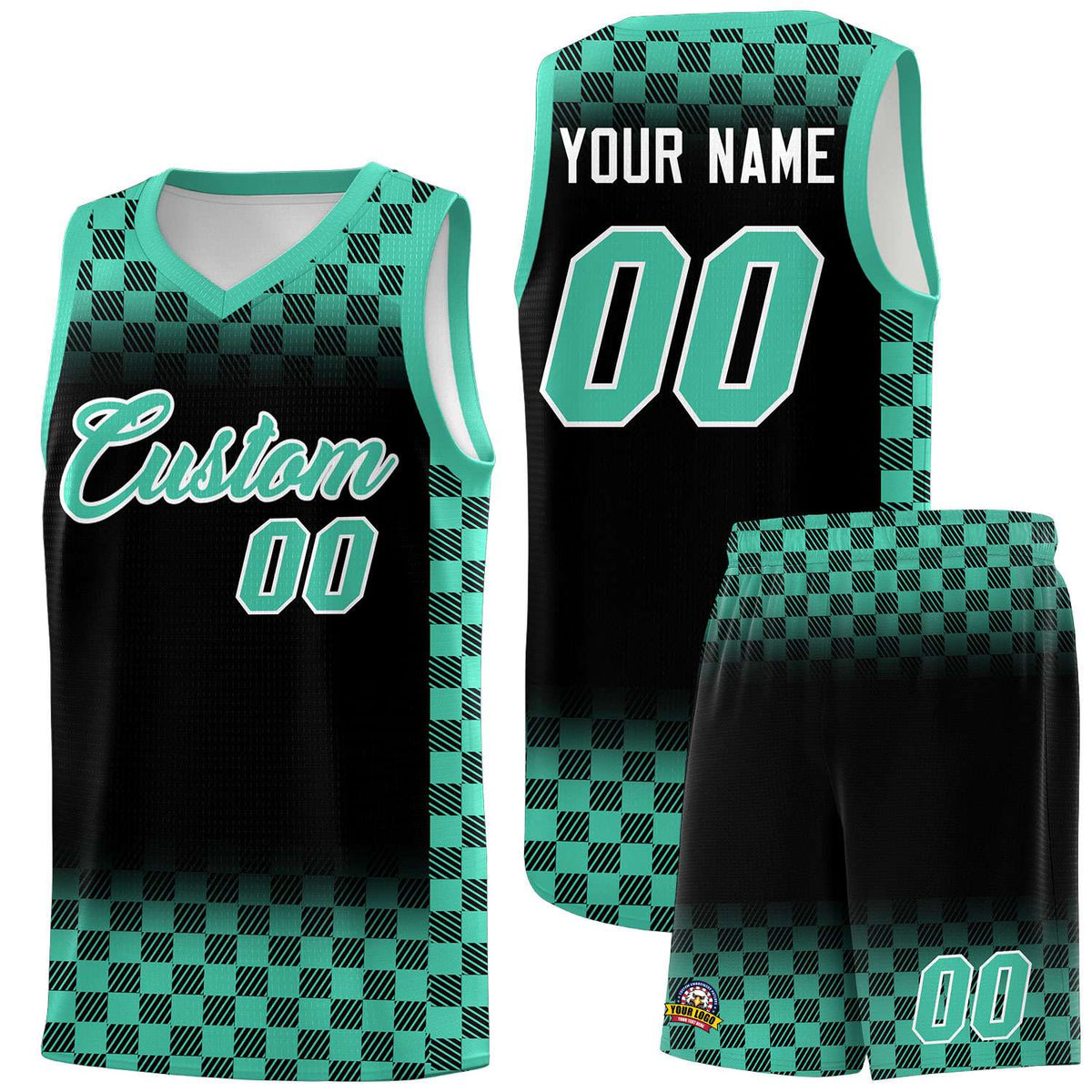 Custom Black Bright Green Classic Plaid Pattern Sports Uniform Basketball Jersey