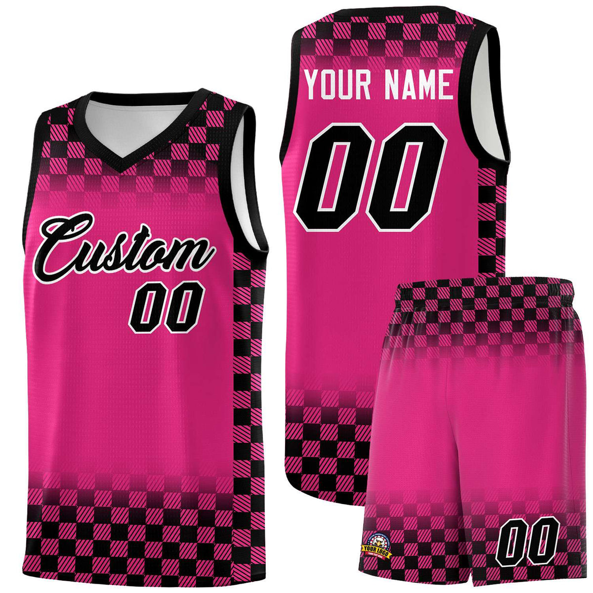 Custom Pink Black Classic Plaid Pattern Sports Uniform Basketball Jersey