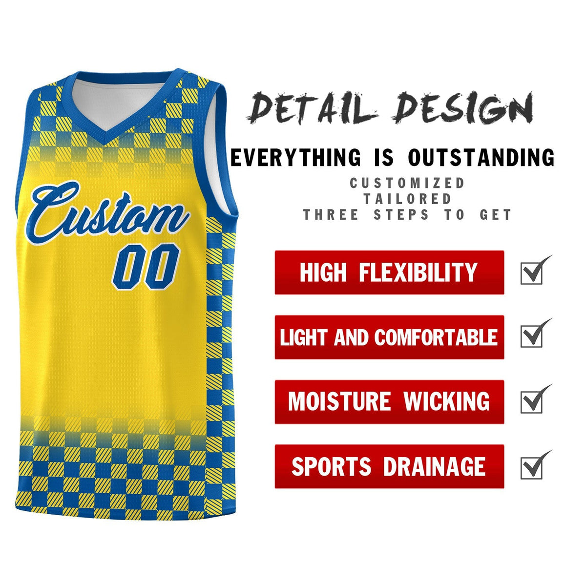 Custom Gold Royal Classic Plaid Pattern Sports Uniform Basketball Jersey