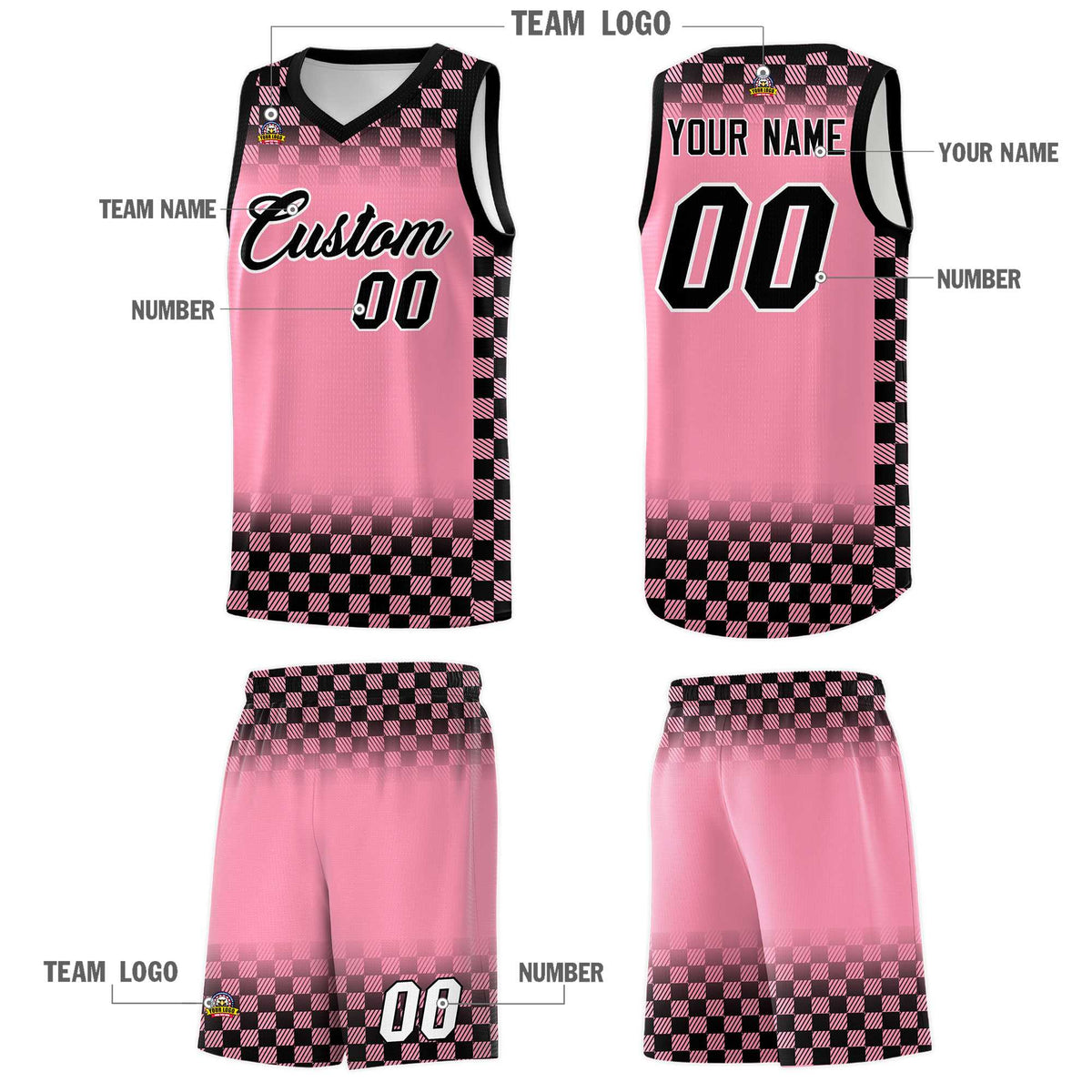 Custom Light Pink Black Classic Plaid Pattern Sports Uniform Basketball Jersey